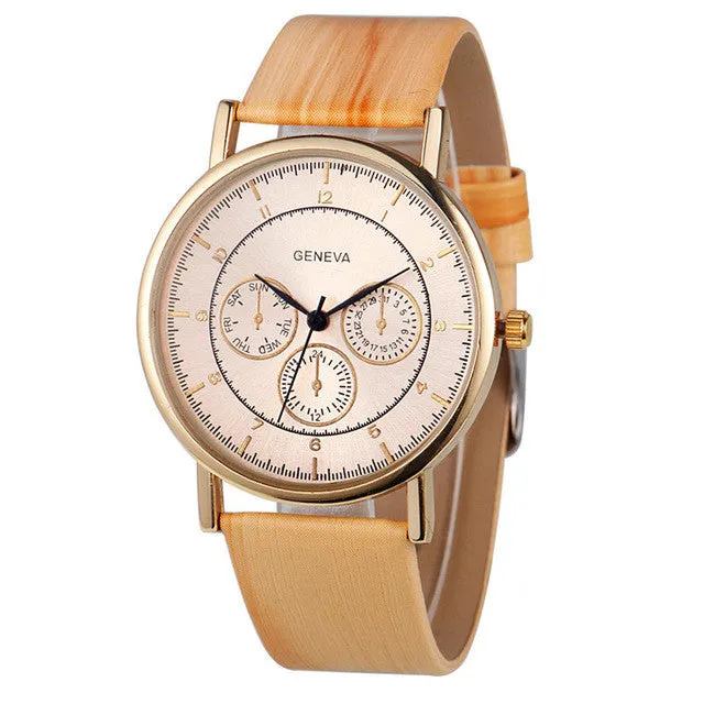 2016 selling Ladies luxury women watch famous brands Geneva Faux Chronograph Ladies Women Wood Leather Analog Quartz Wrist Watch