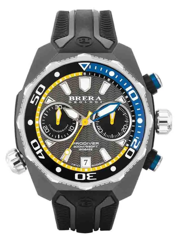 Brera Orologi PRODIVER Men's Italian Grey Blue Yellow 47mm Diving Watch BRDV2C4704