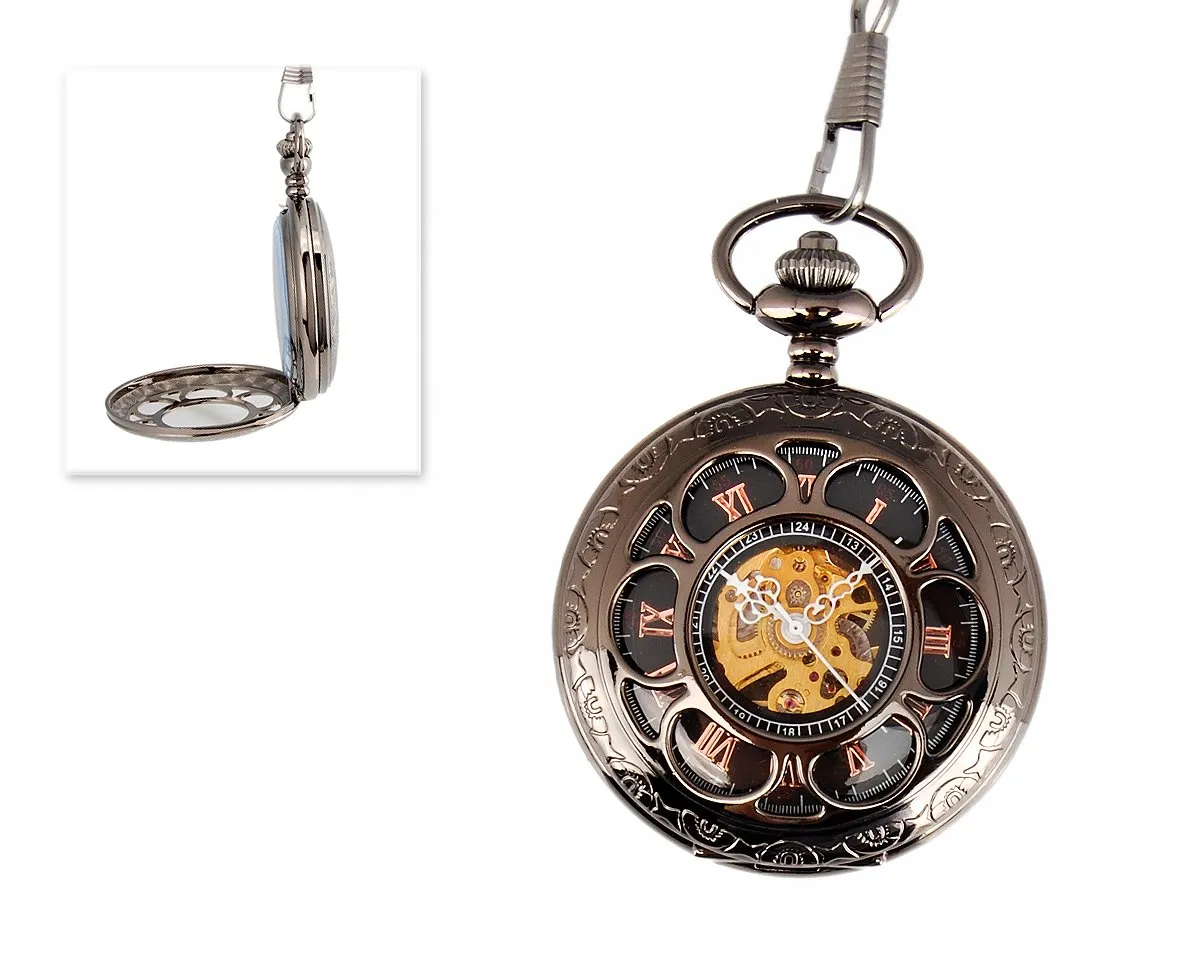 Classic Hand Wind Mechanical Pocket Watch with Chain - Black