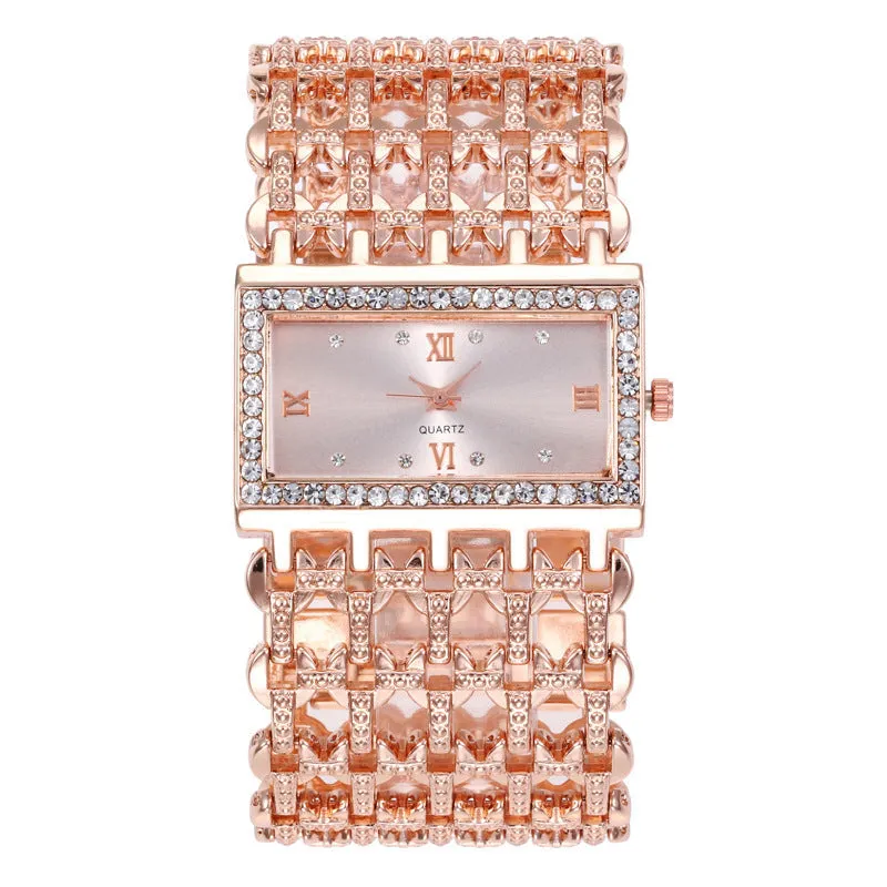 Luxe Square: Women's Steel Band Rhinestone Diamond Watch