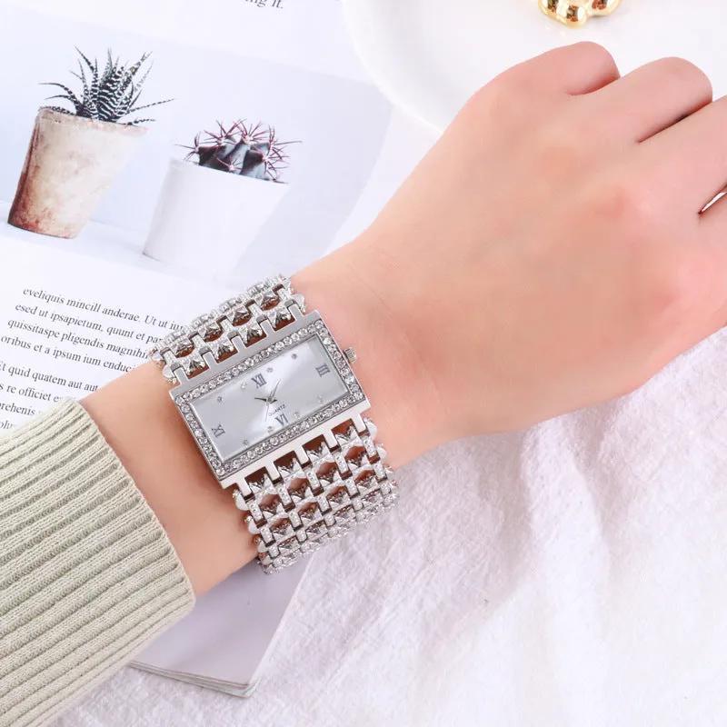 Luxe Square: Women's Steel Band Rhinestone Diamond Watch