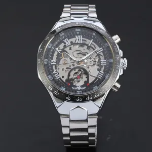 New Skeleton Automatic Watch Men Silver Stainless Steel Wrist Watch Luxury Top Brand Mens Watches relogio masculino