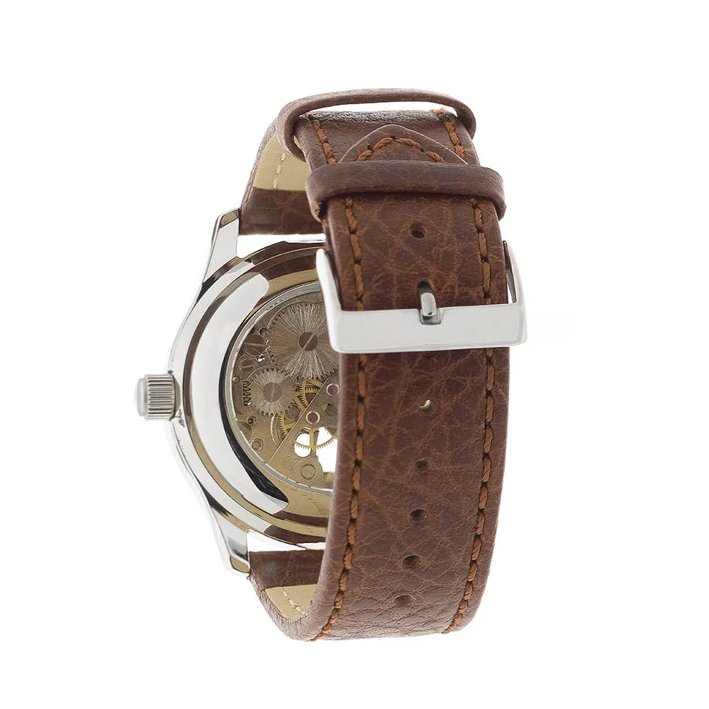 Royal Observatory Greenwich Chrome Circular Skeleton Watch with Brown Strap