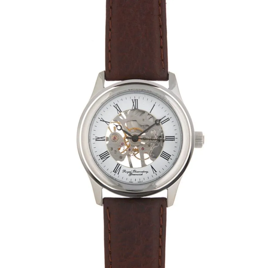 Royal Observatory Greenwich Chrome Circular Skeleton Watch with Brown Strap