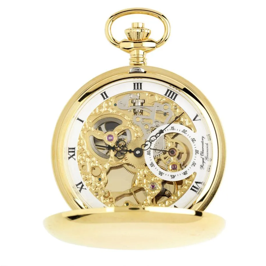 Royal Observatory Greenwich Gold Double Hunter Full Skeleton Pocket Watch