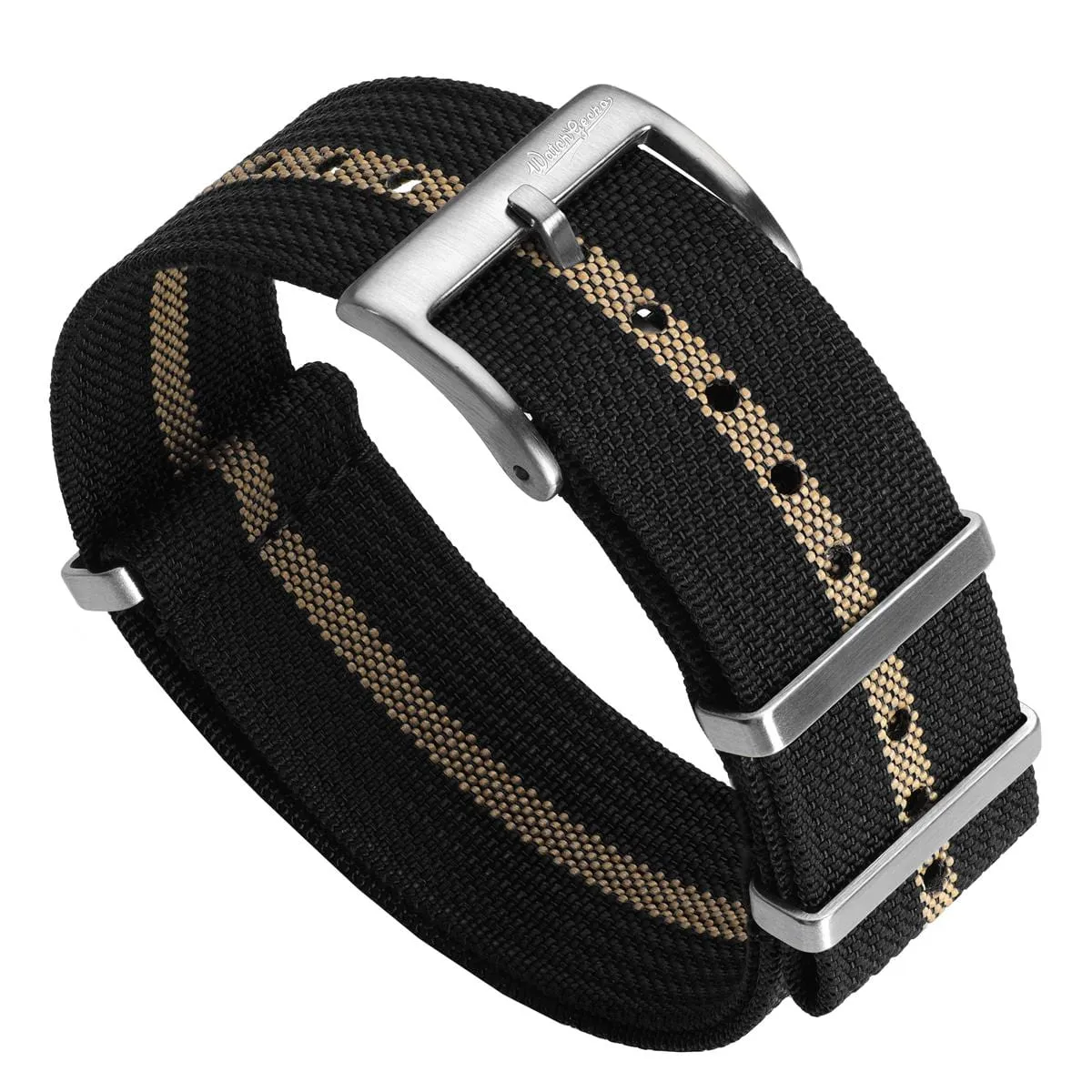 WatchGecko Ridge Military Nylon Watch Strap - Black & Beige Stripe